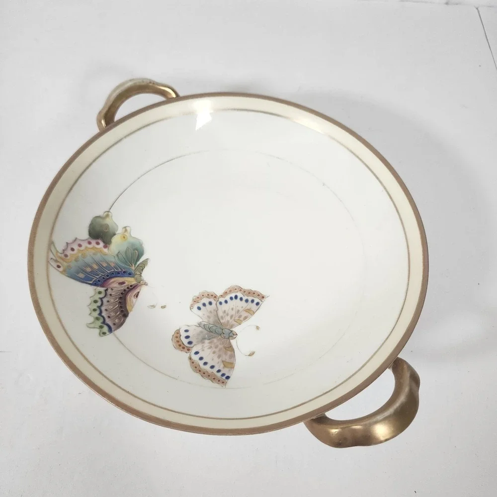 Antique Hand Painted Nippon Butterfly Porcelain Handled Bowl Gold Trim